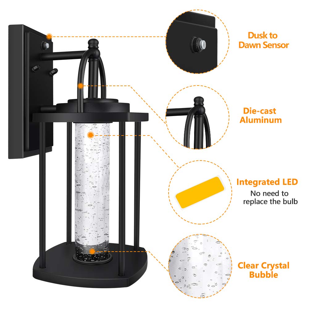 PARTPHONER Dusk to Dawn Outdoor Light Fixtures Wall Mount 2 Pack, Modern Wall Sconce Lighting with Crystal Bubble Glass, LED Porch Lights with Photocell Sensor 10W, 3000K for Front Door, Garage, Patio