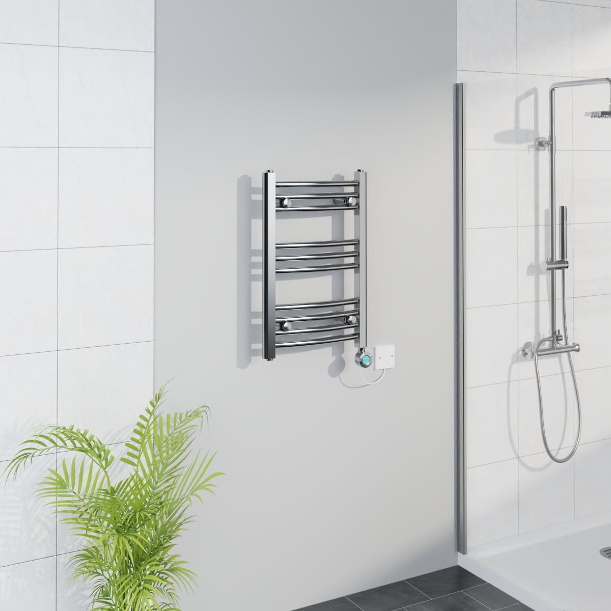 Warmehaus Chrome Smart Wifi Thermostatic Electric Bathroom Curved Heated Towel Rail Warmer Radiator With Timer 600X400mm