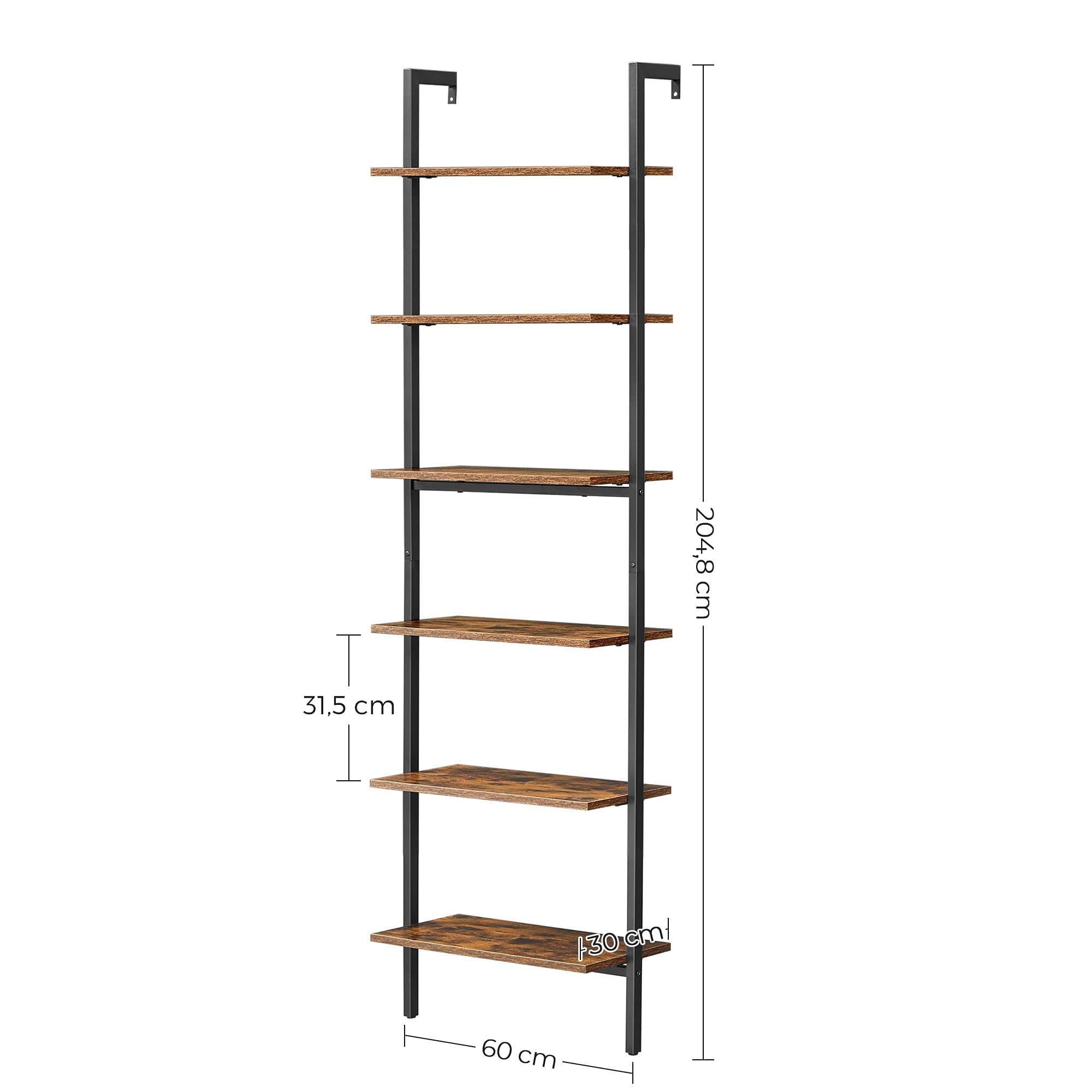 VASAGLE Scaffale a Scala, Contro Parete a 6 Ripiani, per Soggiorno, Ufficio, Cucina, Camera da Letto, 60 x 30 x 204,8 cm, Industriale, Marrone Vintage e Nero LLS103B01