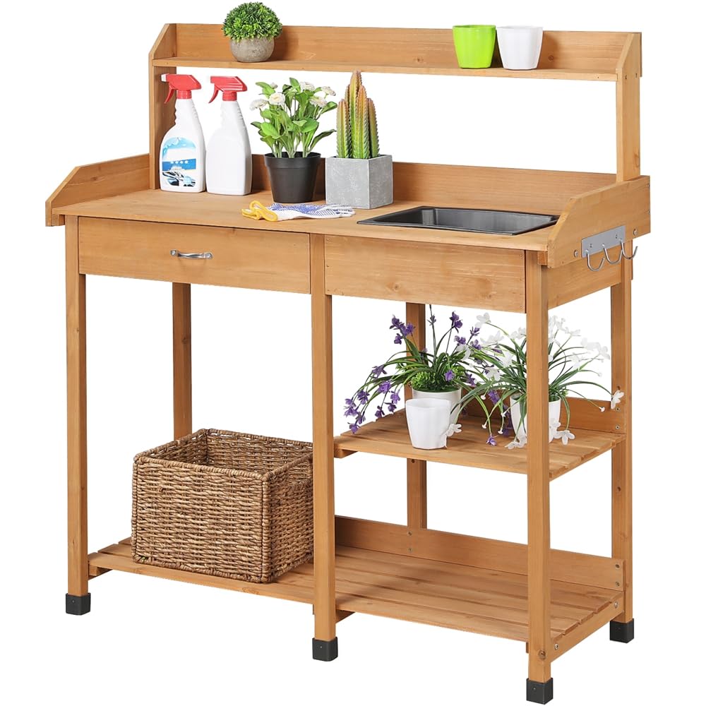 Yaheetech Mesa de Jardinería Exterior, Mesa de Trabajo y Cultivo | de Madera Abeto, para Terraza Patio, con Ganchos, Tamaño 114.8x45x121 cm