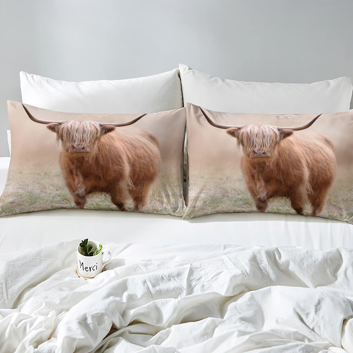 Set Biancheria Da Letto King Size Con Mucca Delle Highlands – Copripiumino E Federe, Stampa 3D Rustica, Marrone