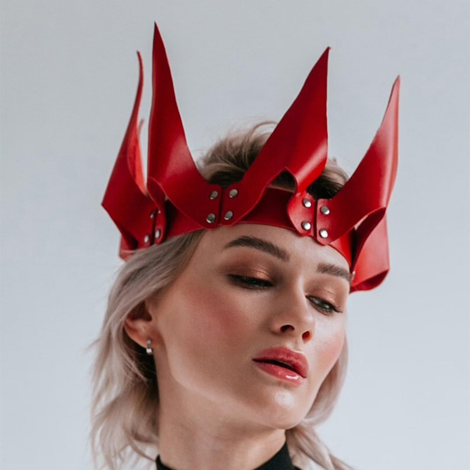 JIAHG Women Gothic Leather Crown Headband Ladies Medieval Vintage Headpiece Makeup Ball Party Headdress Halloween Witch Cosplay Dress Up Costume Hair Accessory Photo Prop (Red) - Image 3