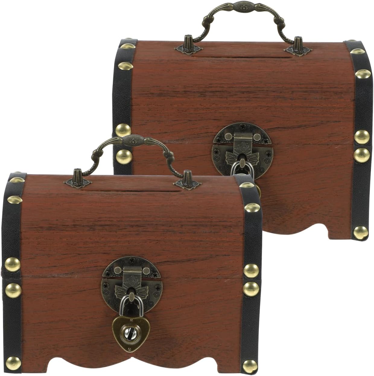 Happyyami Vintage Treasure Chest with Lock and Key Wooden Piggy Bank Organizer 5.70X4.13X3.93In Decorative Money Storage Box for Adults and Kids