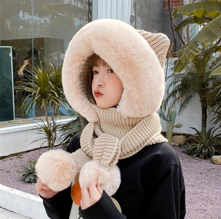 Women Winter Hat with Muffler for Girls Neck Warmer Face Mask Fleece Face Care Fleece Lined Cold Weather Hat with Earflaps (Beige)