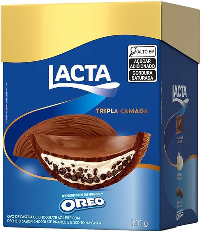 Caixa do ovo de Páscoa Lacta Tripla Camada Oreo 320g com imagem frontal do produto