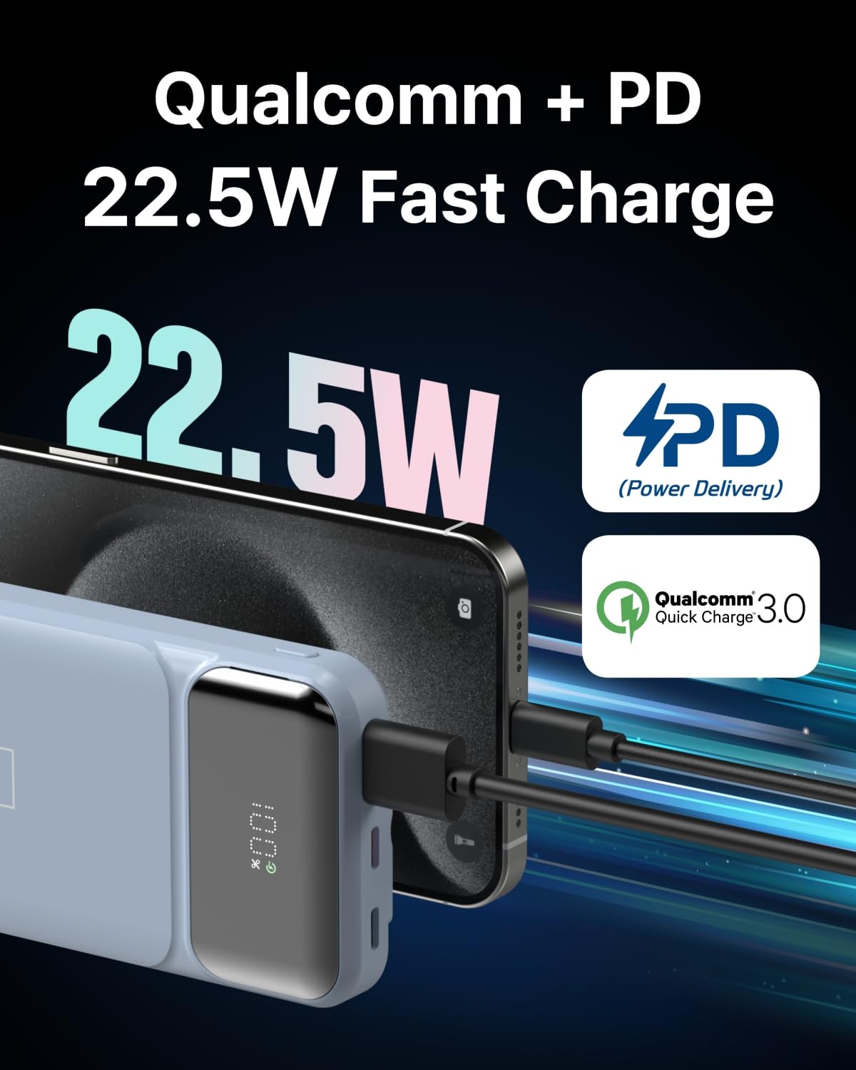 PGB-20 Power Bank 10000mAh con Cavo Integrato 3 in 1. Ricarica Rapida 22.5WBlu