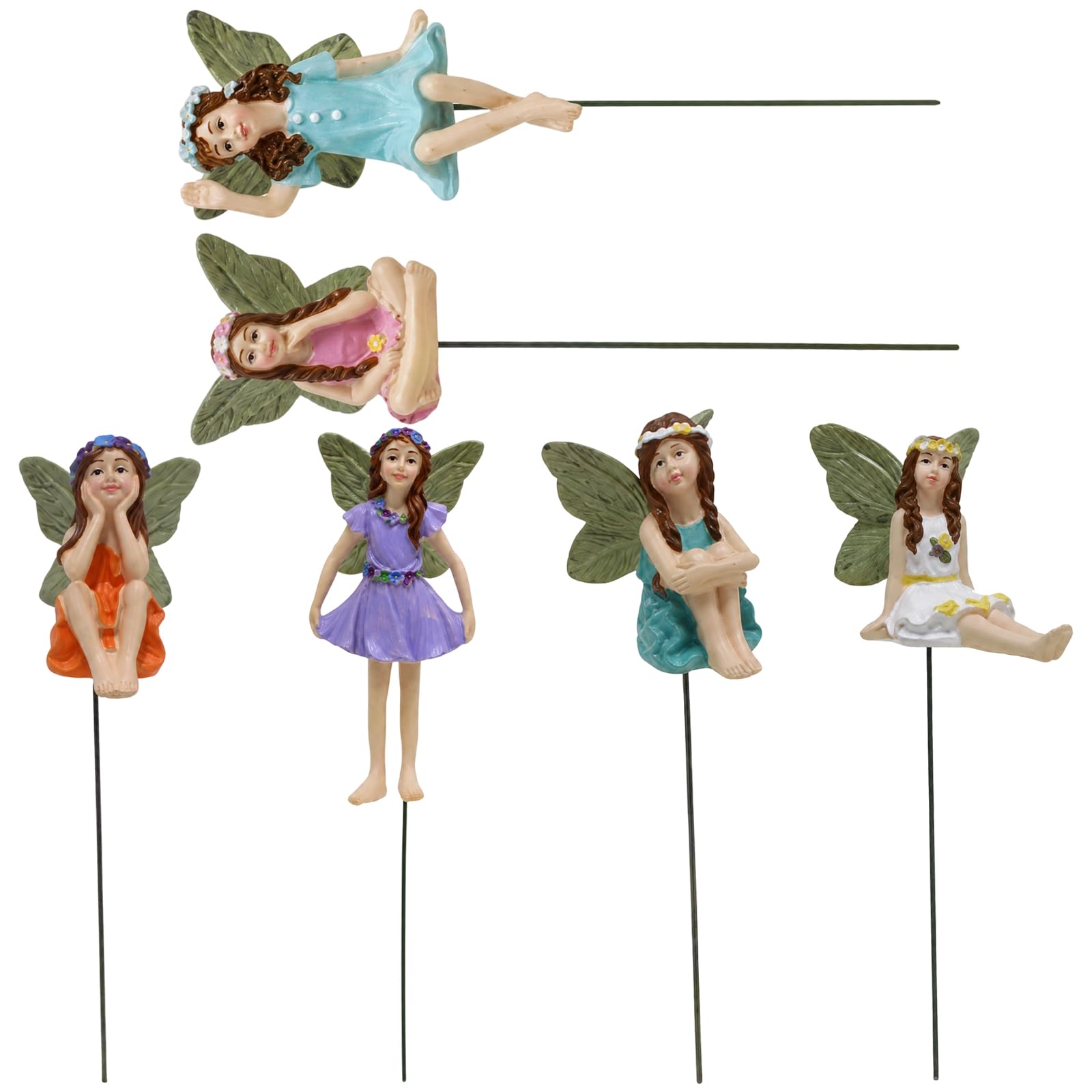 6 STK. Miniatur-Feenfiguren, Feengarten-Zubehör mit Metallpfosten, handbemalte Harzfiguren für Außen und Innen, 5,5-5,8 Zoll, Mehrfarbig, für Blumentöpfe, Hof, Terrasse, Balkon, Schreibtisch