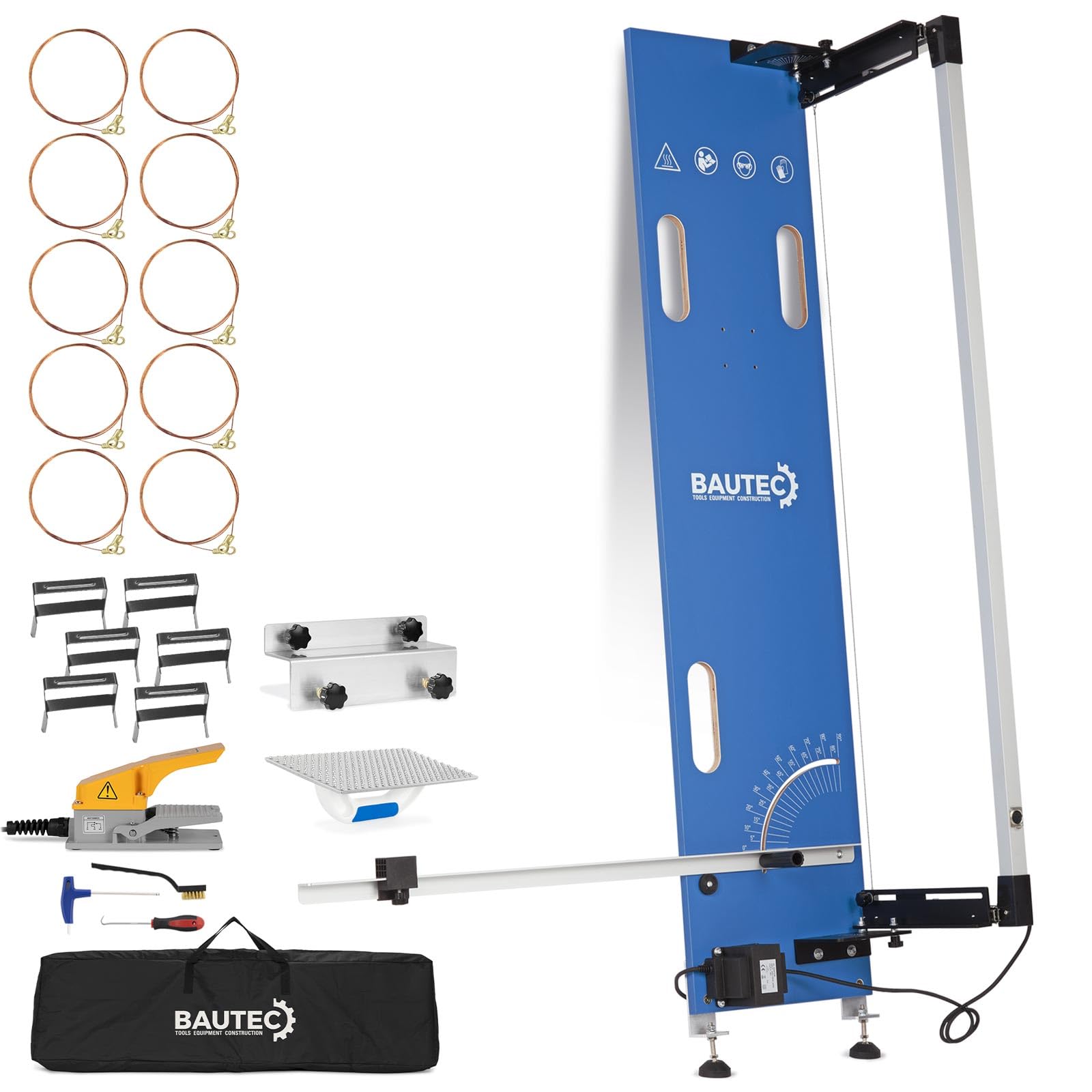 BAUTEC Styroporschneider GAZELLE Modell 2.1 » 200 Watt Tischgerät mit Standnoppen » Inkl. 10 Schneidedrähte, Gerüsthalterung, Schleifraspel, Fußschalter und Softbag » Heißdrahtschneider