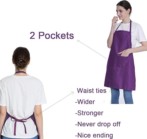 Miniatura 3 de Delantales de color morado liso para adultos, para mujeres y hombres, delantal de chef unisex con 2 bolsillos para cocinar, hornear, cocina,