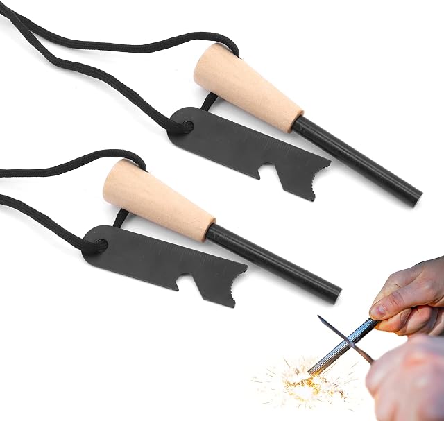 Beowanzk Set of 2 Flint and Steel,Flint Striker Survival for Bushcraft,Magnesium Stick Fire Starter Kit with Handcrafted Wooden Handle,20,000 Spray Sparks Reusable Camping Fire Lighter Stick Outdoor