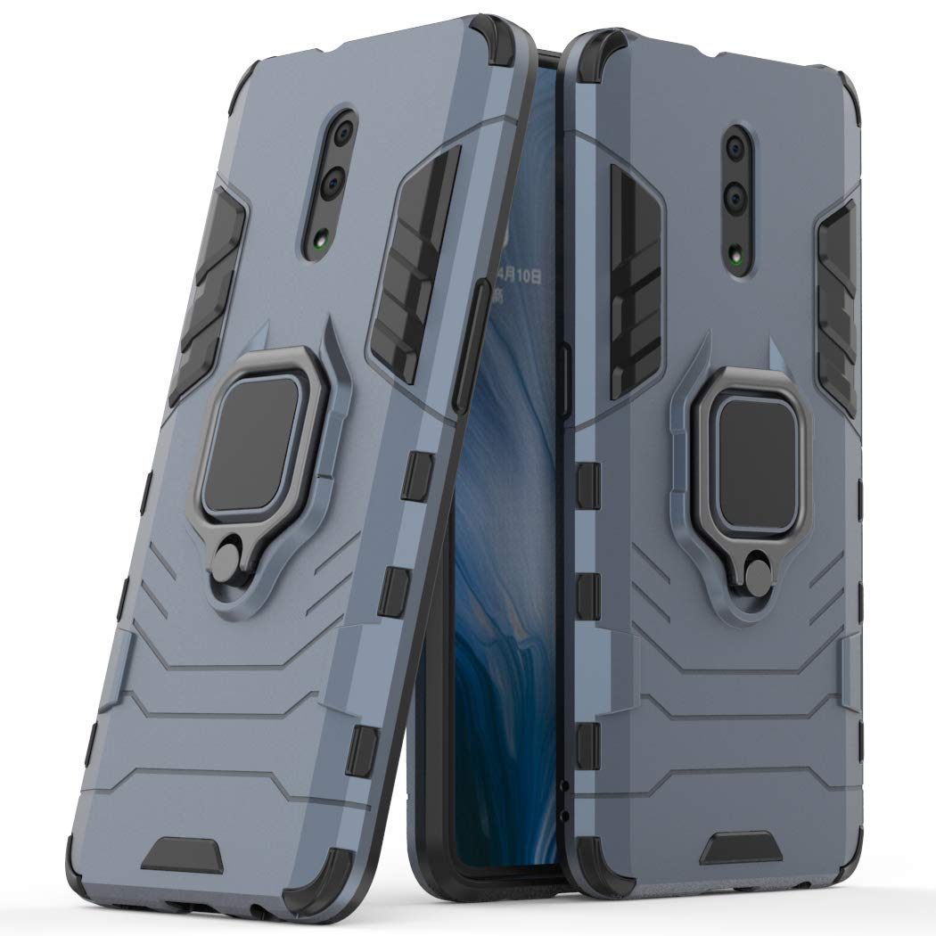 LuluMain Compatible with Oppo Reno Case, Metal Ring Grip Kickstand Shockproof Hard Bumper Shell (Works with Magnetic Car Mount) Dual Layer Rugged Cover for Oppo Reno (Navy Blue)