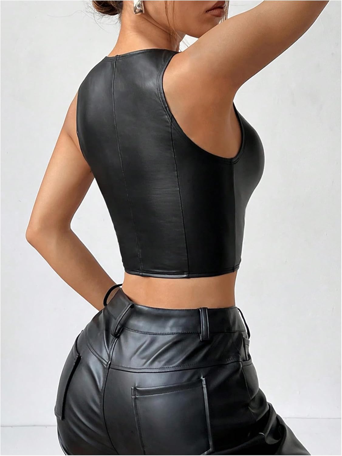 Floerns Women's Sleeveless V Neck Button Front Faux Leather Waistcoat Y2k Crop Tank Top - Image 2