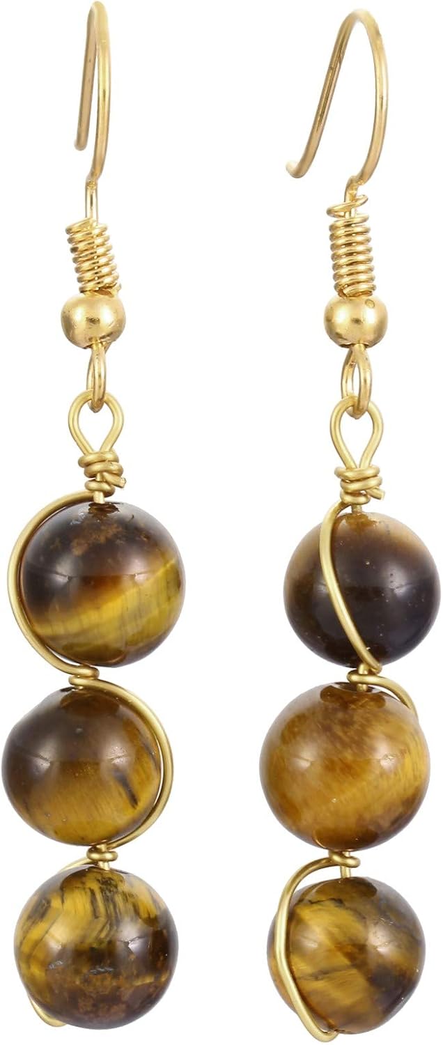 SUNYIK Round Stone Bead Tassel Dangle Earrings for Women, Gold Plated