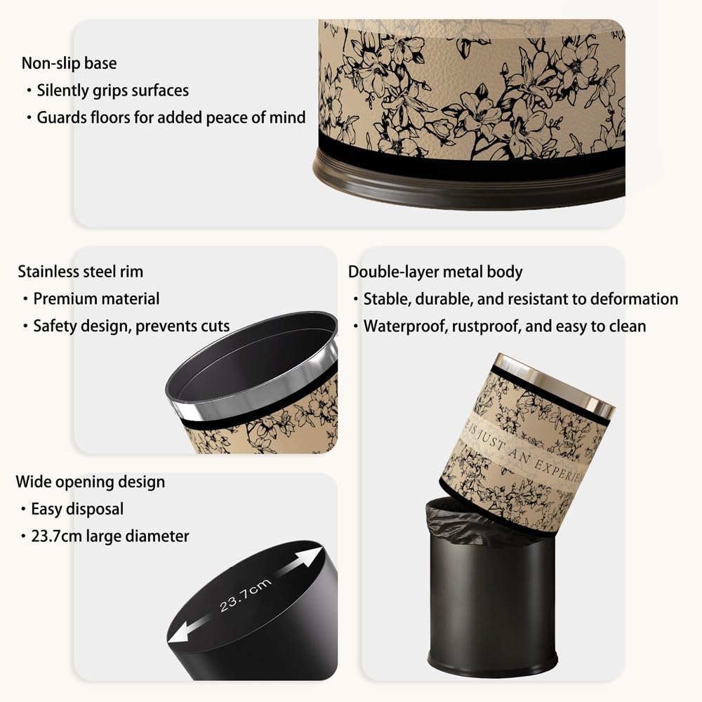 Decorative Metal Wastebasket, Open Top Trash Can Covered with Leather, Hide The Garbage Bag, for Bathroom, Living Room, Bedroom, Office(10L)