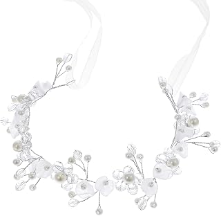 Flower Crown for Girls, Bridal Pearl Headband Women Pearl Flowers Crowns for Wedding and Birthday, Flower Girl Hair Accessory Headpiece for Party and First Communion(White)