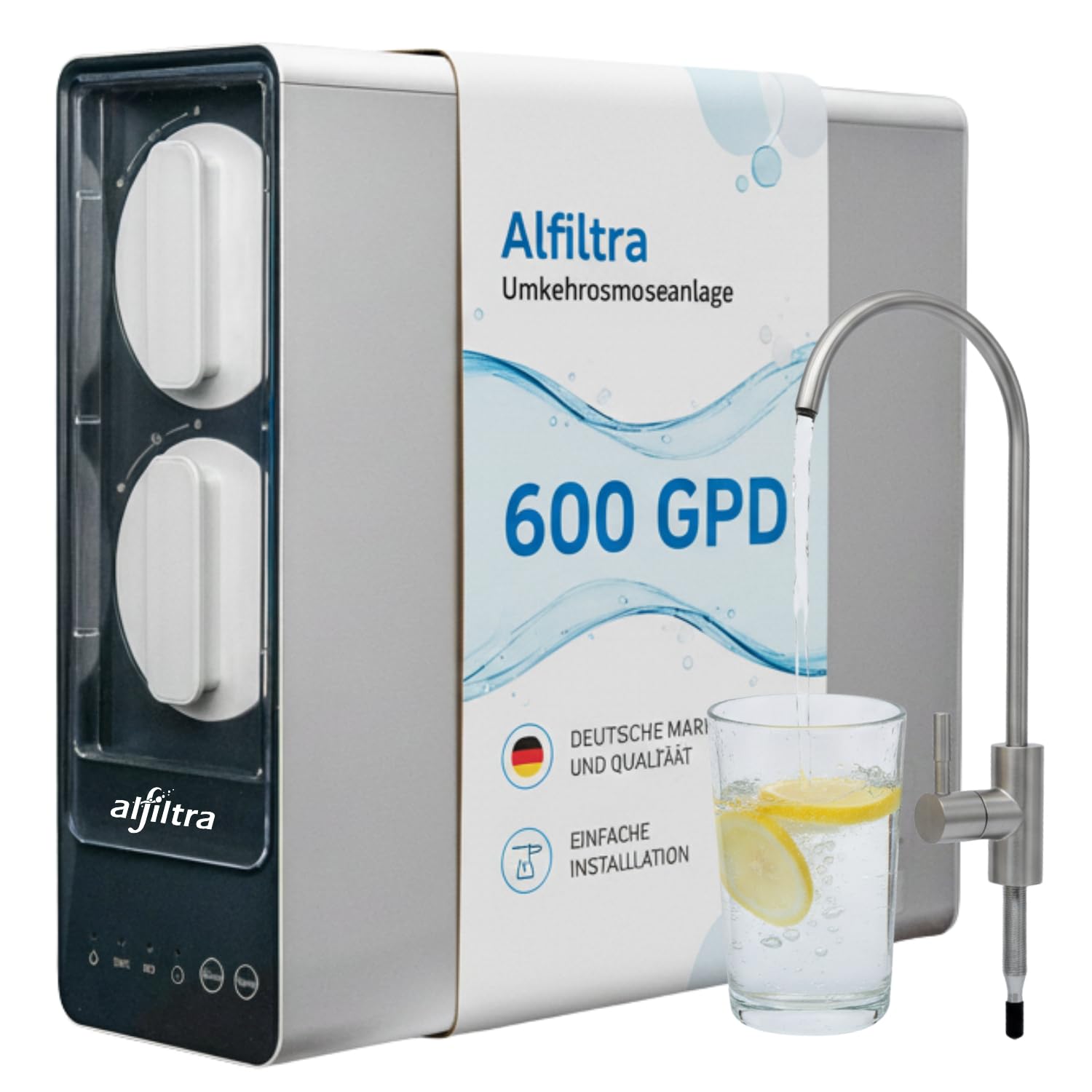 Reos Slim Umkehrosmoseanlage-Wasserfiltersystem mit Edelstahl Wasserhahn, Untertisch Osmoseanlage Trinkwasserfilter, 600 GPD, 3-in-1-Filtersystem, LED