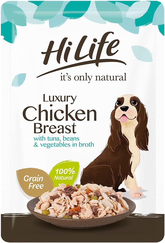 HILIFE it's only natural - Wet Dog Food - Luxury Chicken Breast, Tuna, Beans, Vegetables in Broth - 100% Natural Grain Free, 15 Pouches x 100g