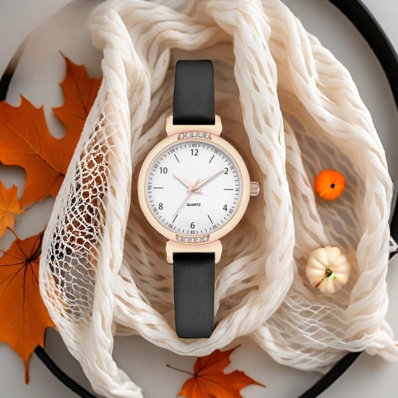 NUOVO Women's Watch - Black & White Diamond Watch with Arabic Numerals, Waterproof & Casual Style, Leather Strap - Image 2