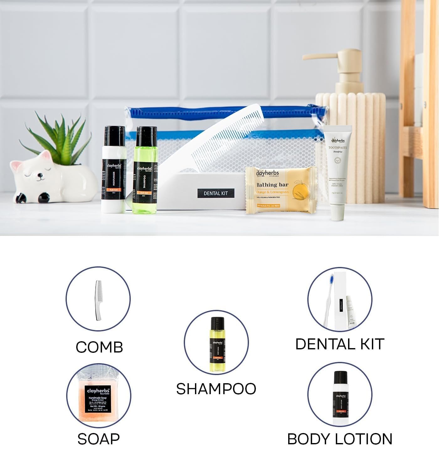 Clayherbs Hotel Toiletries 50 Sets| Hotel Guest House Toiletries Kit | Hospital Toiletry Kits | Marriage Guest Toiletry Kit | Zipper Pouch 9 X 4 | Pack of 50