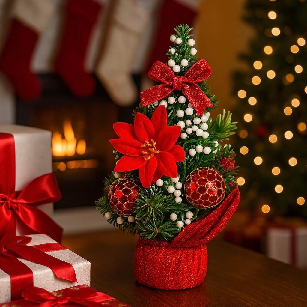 Mini Christmas Tree 8.5” – Red Poinsettia, White Berries & Ornaments – Tabletop Holiday Décor for Home & Office