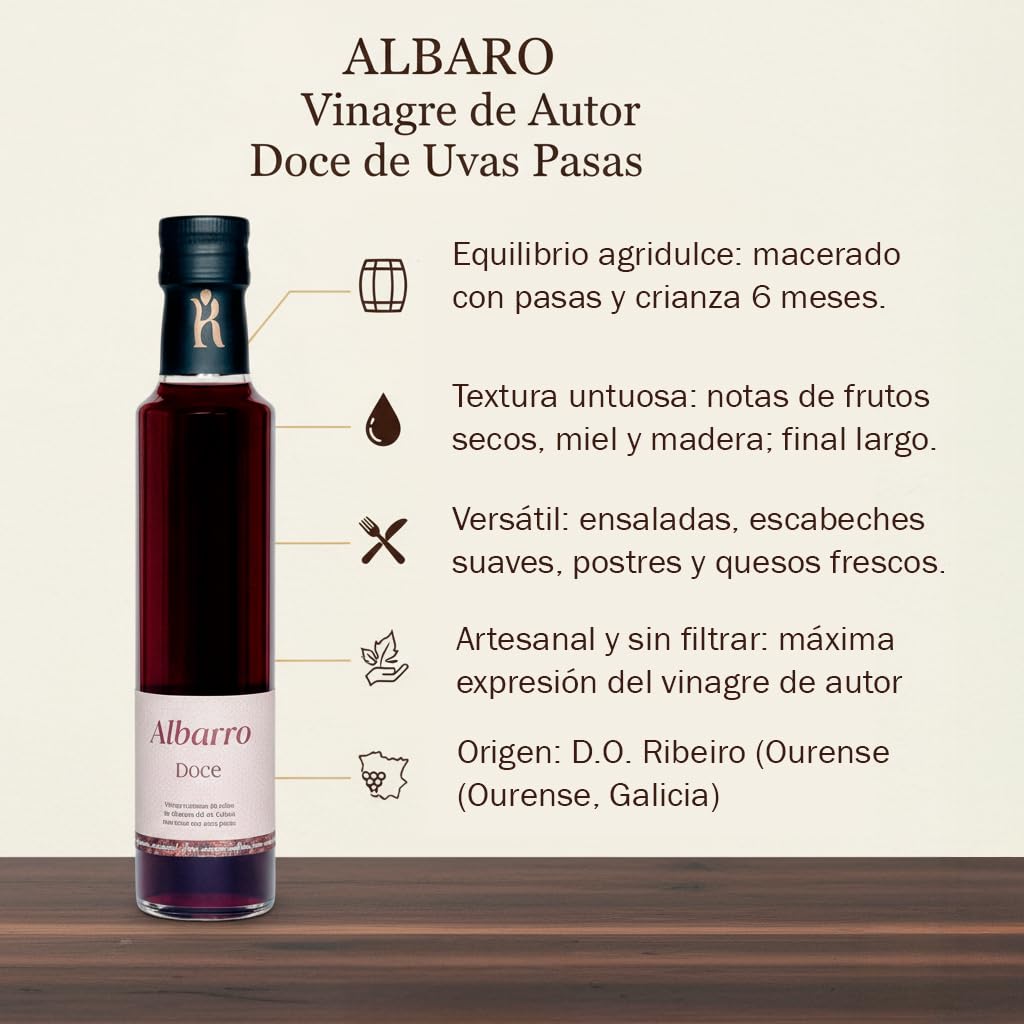 Vinagre Doce de Uvas Pasas 250 ml – Vinagre de vino blanco macerado en pasas con 6 meses de crianza en barrica – Gourmet artesanal de Galicia ideal para ensaladas y postres