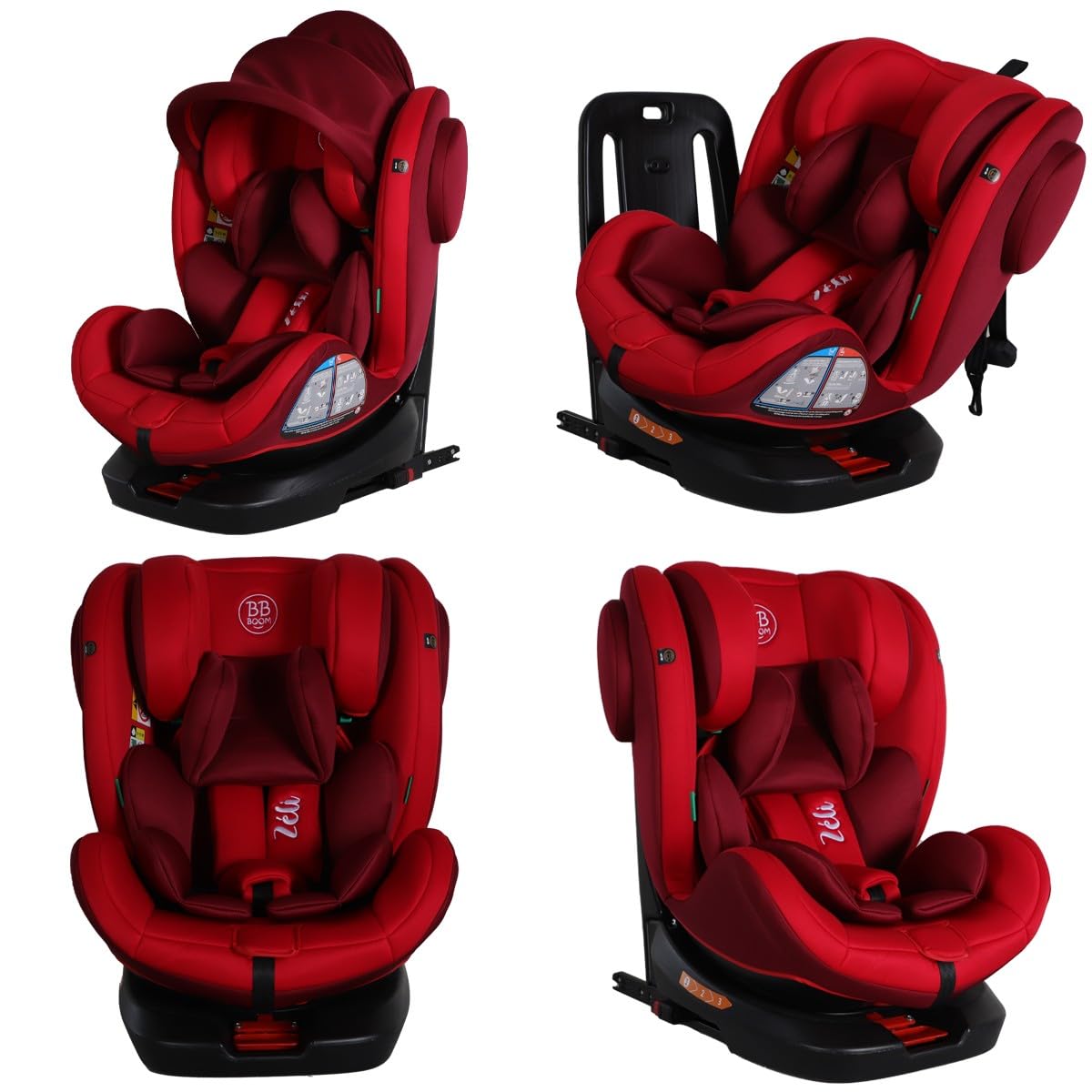 Seggiolino auto girevole a 360° ZELI - i-Size evolutivo da 40 a 150 cm (0-36 kg) - Isofix & Top Tether Rosso con baldacchino
