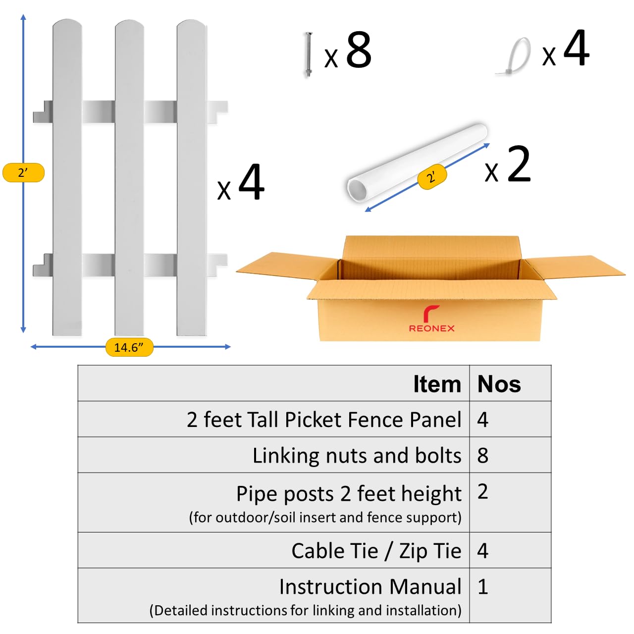 REONEX Garden Picket Fence - Trio - 2 Feet Height Tall - 4' 8" Running feet - White Color - Waterproof - Set of 4 Panels - Image 6 thumbnail