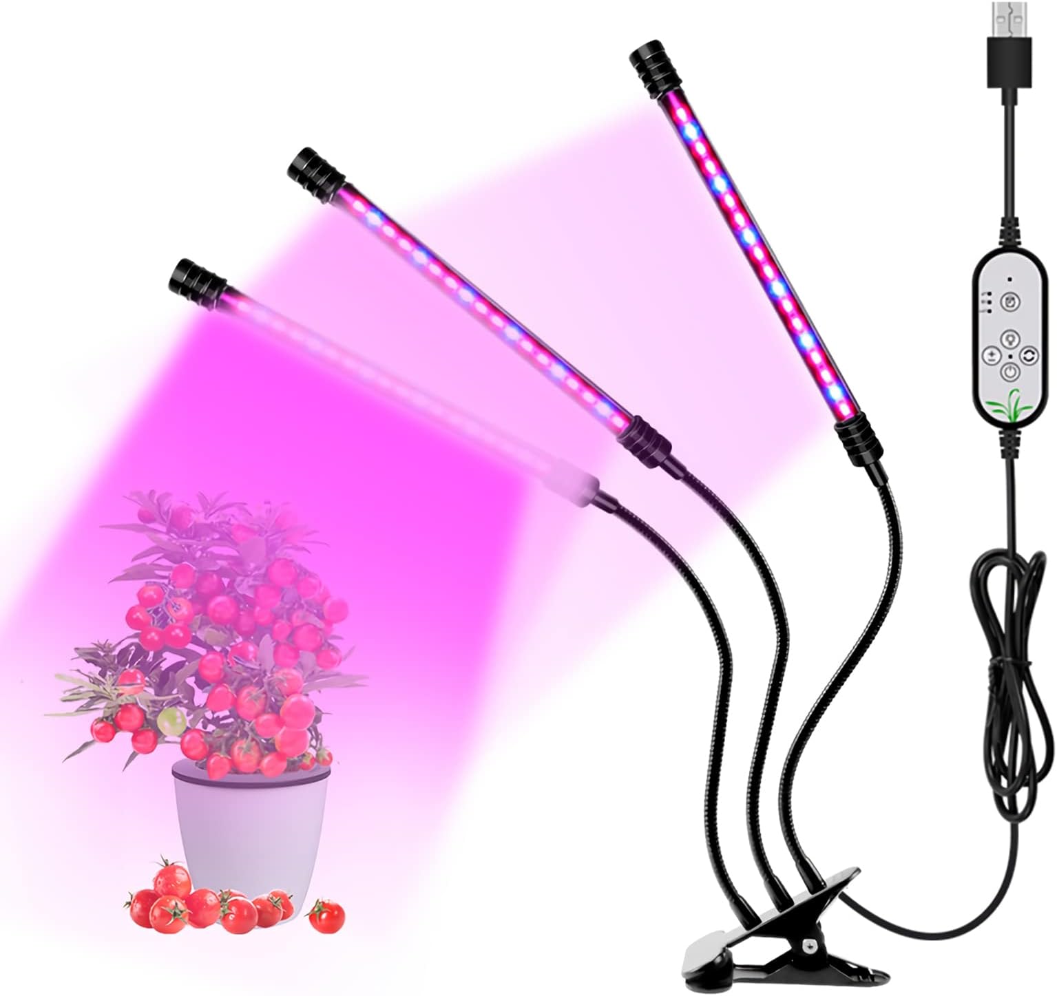 ELEPHANTBOAT® 3 Heads Grow Lights for Indoor Plants, USB Grow Light 54 LEDs Full Spectrum, Growth Lamp with 5 Brightness Level & 3 Fill Light Modes, Three Auto Timer, for Greenhouse