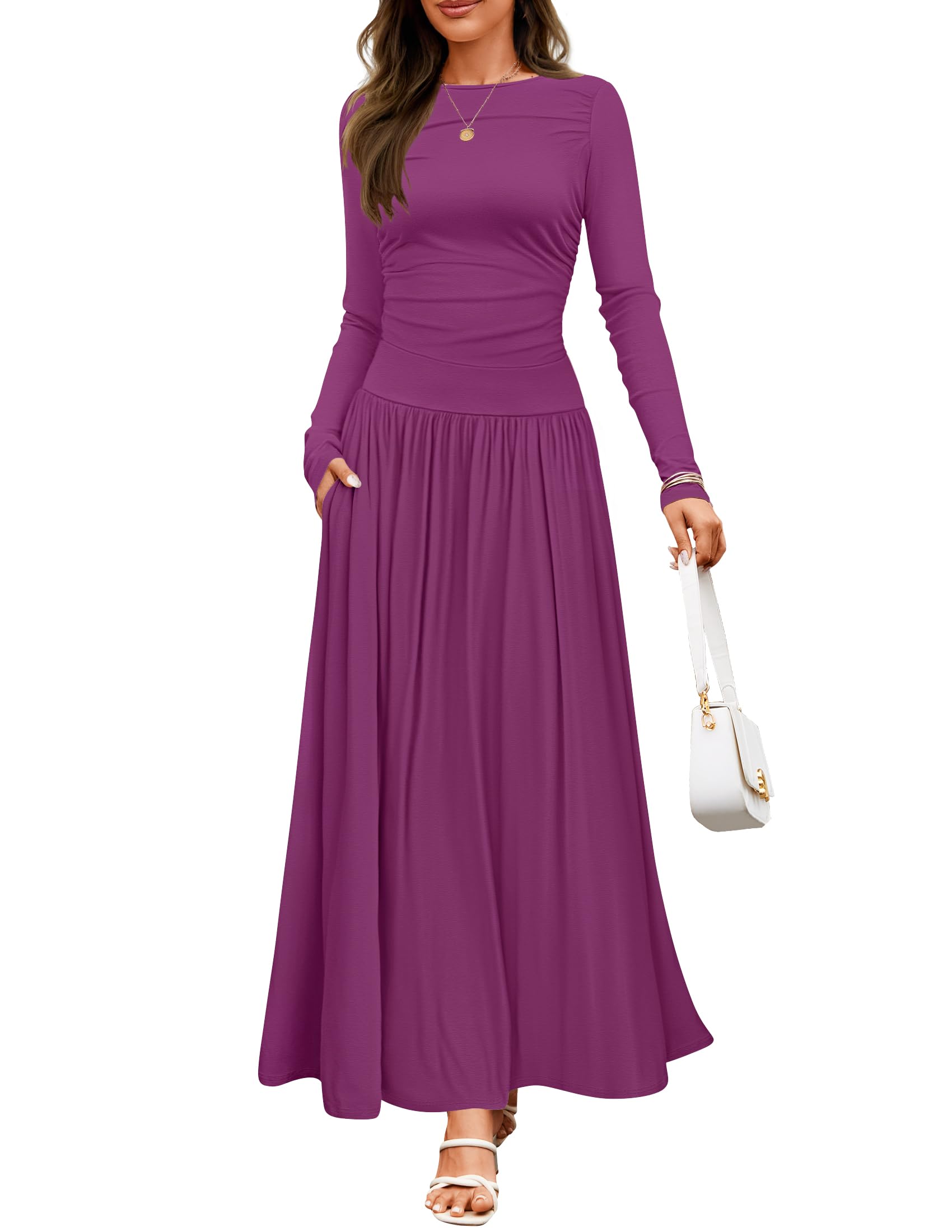 ZESICA Women's Long Sleeve Spring Maxi Dress 2025 Crewneck Knit Casual Slim Swing Pleated Dresses with Pockets