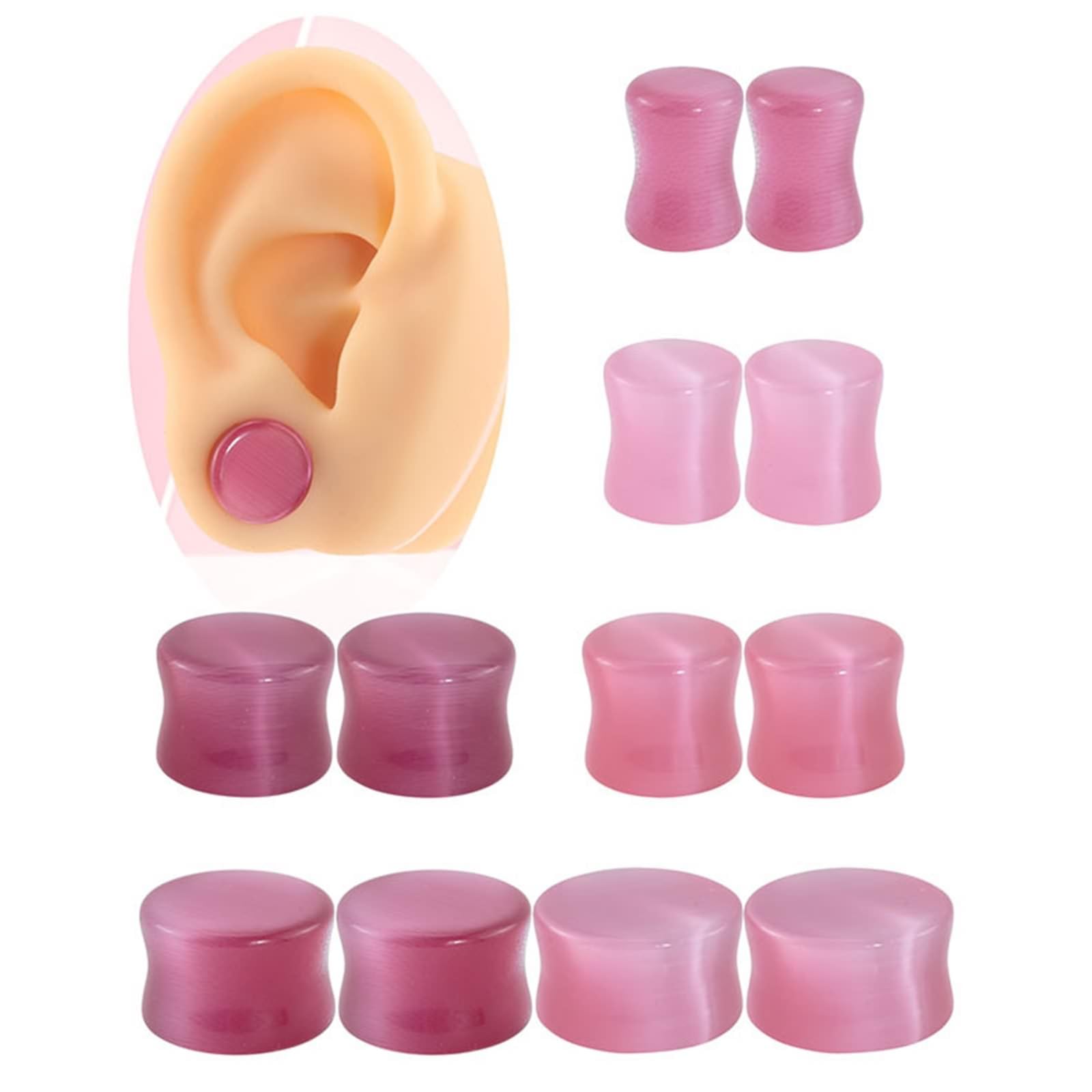 Ohrstöpsel, 2 g, 0 g, 00 g, 1/2 Zoll, 9/16 Zoll, 5/8 Zoll, Tunnel-Plug-Ohrringe, 12 Stück, rosa Katzenaugenstein, doppelt ausgestelltes Ohrmessgerät, Dehnungsset