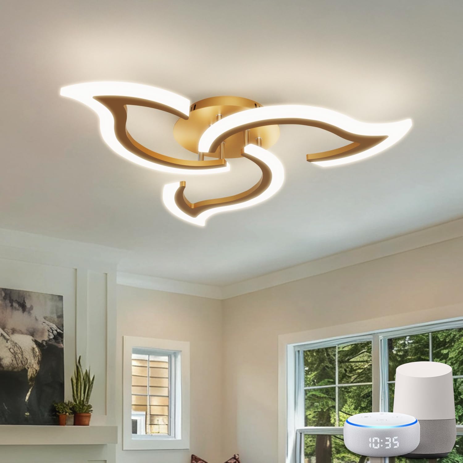LED Deckenleuchte Smart WLAN, Dimmbare Deckenlampe in Modernem Blumendesign, mit Fernbedienung & App-Steuerung, Kompatibel mit Alexa/Google Home, Gold