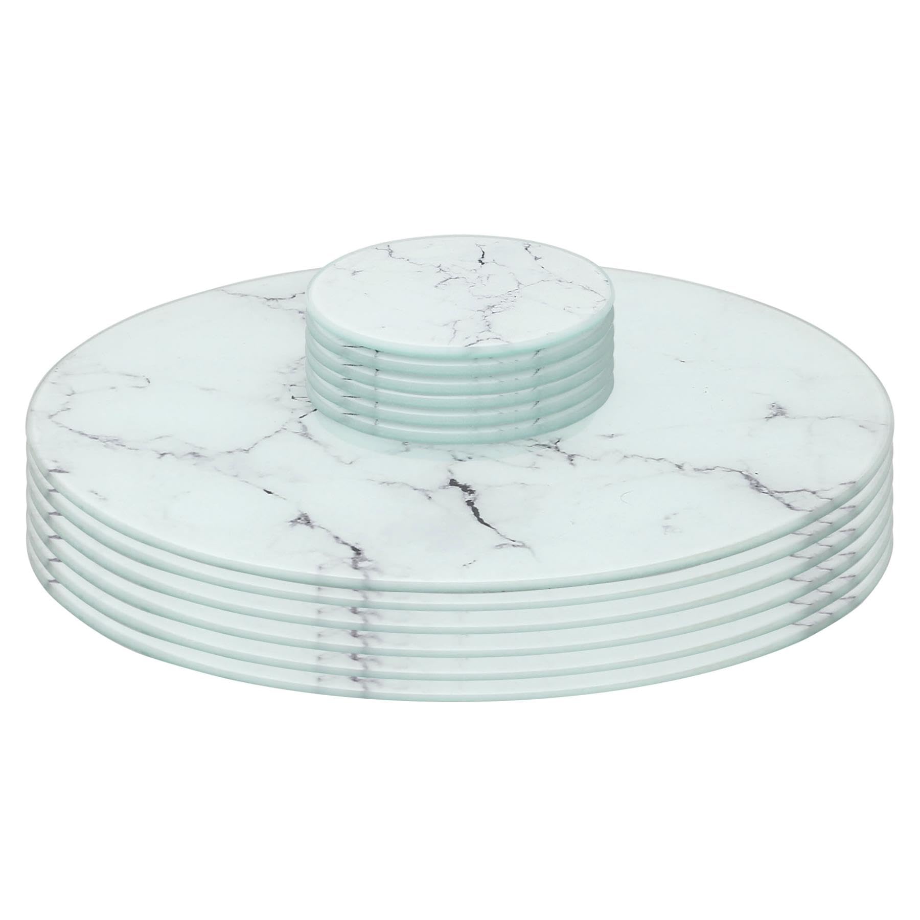 12pc Round Glass Placemats & Coasters Set - 30cm - White Marble - Harbour Housewares