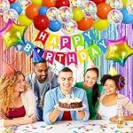 Multicolored Rainbow Birthday Party Decorations Pack with Banner, Balloons, Confetti, Fringe Curtain, Heart Star Foil Balloons, Hanging Swirls - Image 5