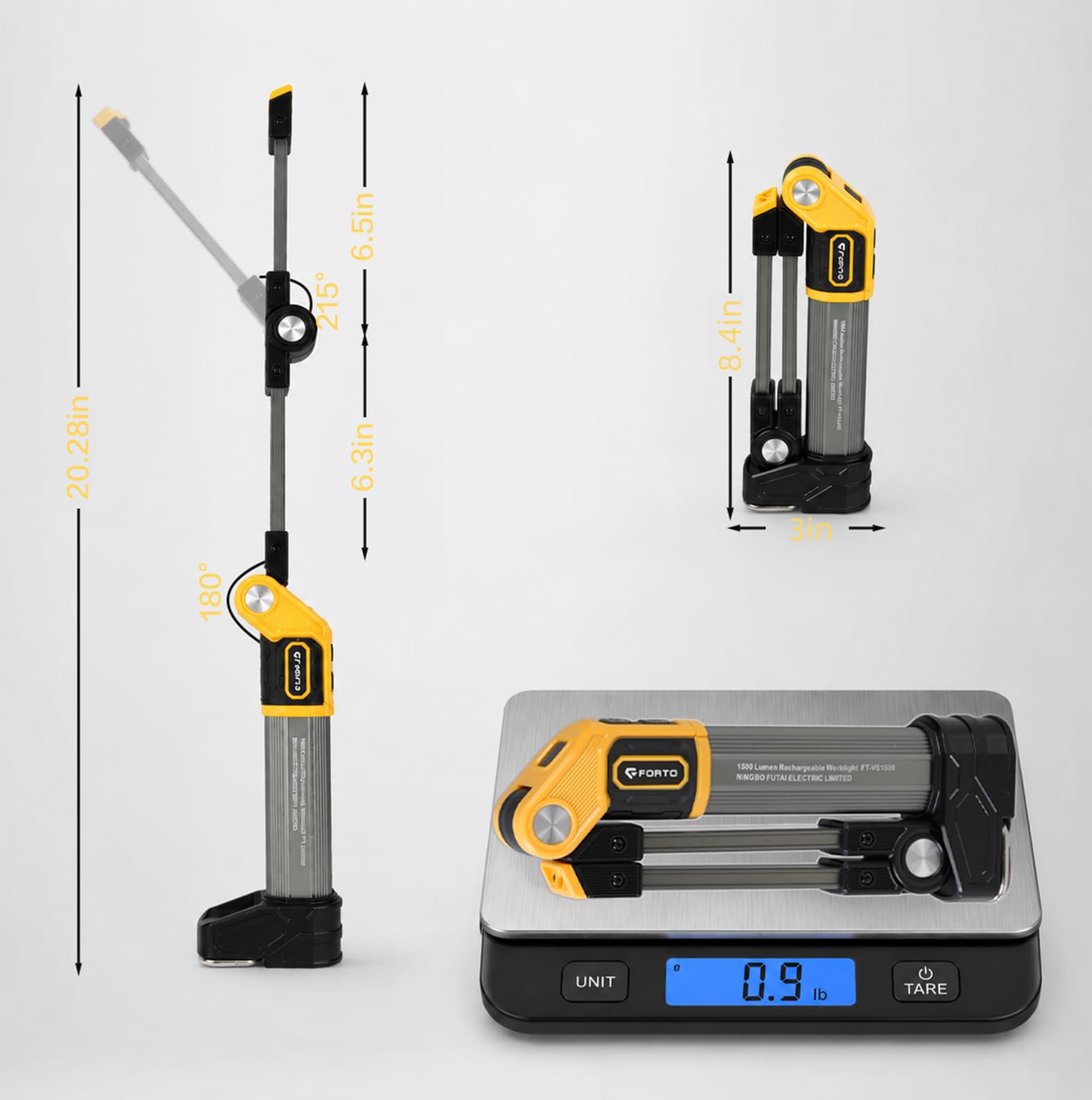 FORTO Wiederaufladbare magnetische Arbeitsleuchte, LED-Taschenlampe für Mechaniker, Luft- und Raumfahrt-Aluminiumlegierung, 1500 Lumen, doppelte Faltplatten, 6 Modi, für Garage, Automechaniker