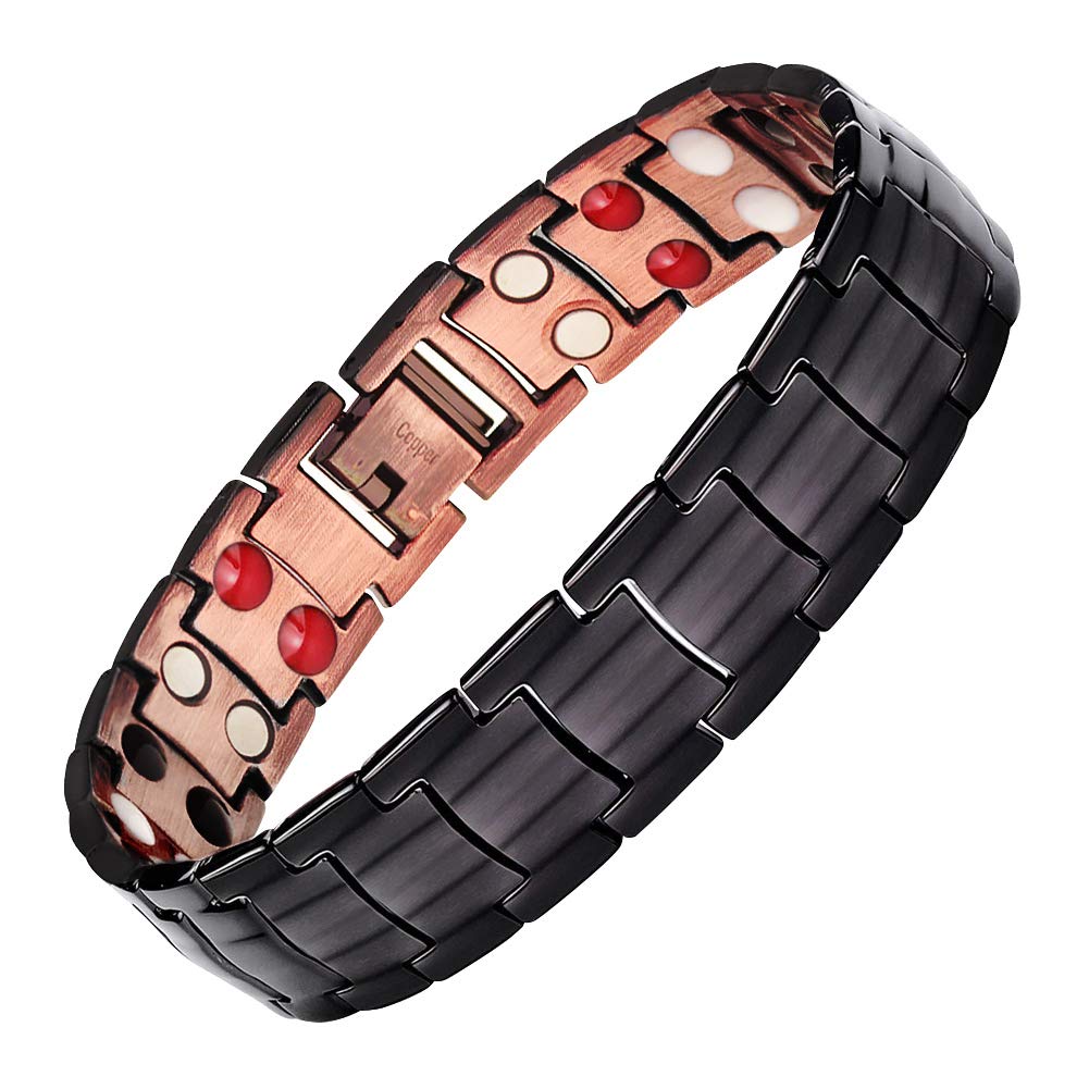 JFUME Bracelets en cuivre pur pour hommes Bracelets magnétiques 4in1 Elements avec outil pour enlever les liens 8.5" Ajustable
