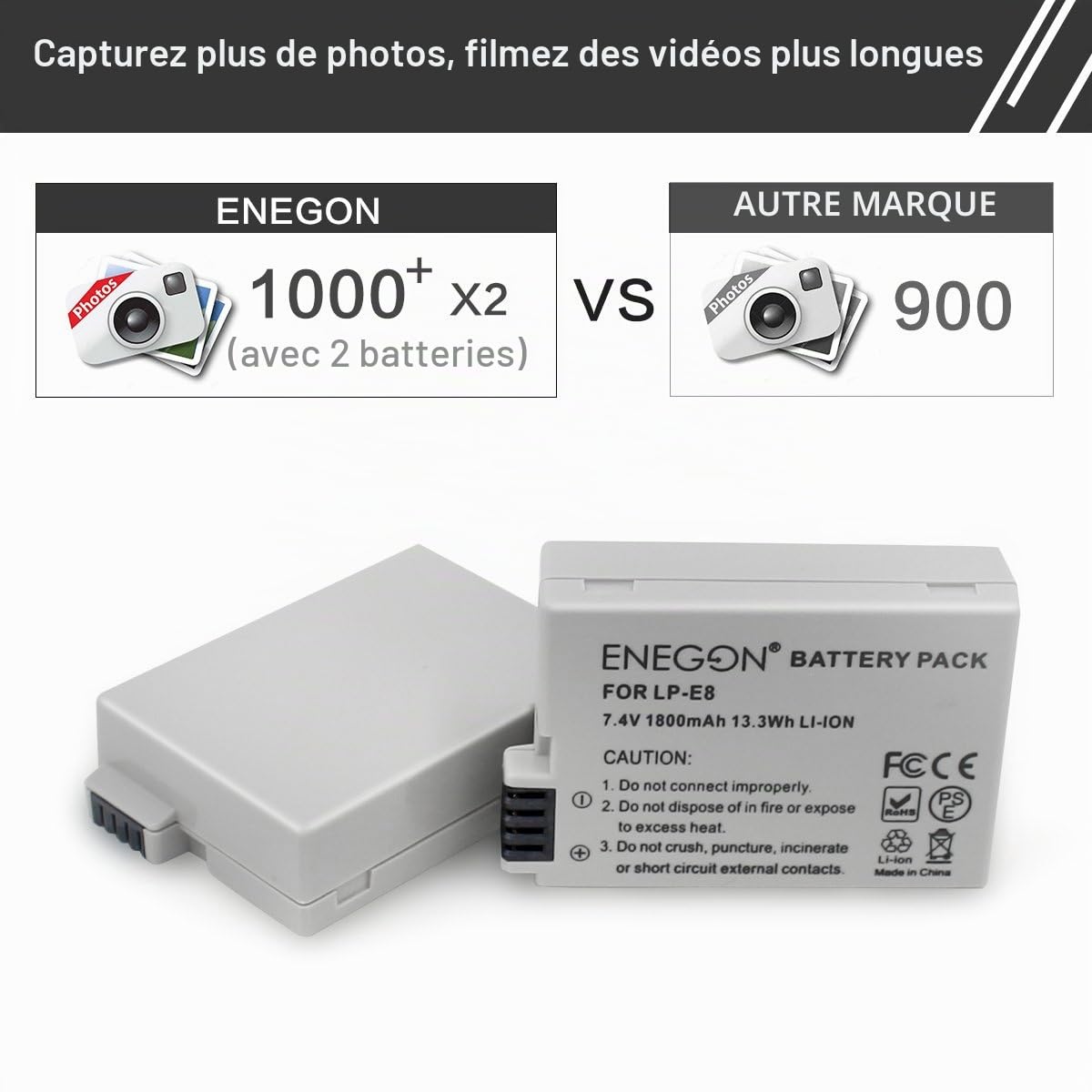 ENEGON Batterie de Rechange (2 Paquets) et Chargeur Double Rapide pour Canon LP-E8 et Canon EOS Rebel T2i, T3i, T4i, T5i, EOS 550D, 600D, 650D, 700D, Kiss X4, X5, X6, LC-E8E Appareil Photo numérique