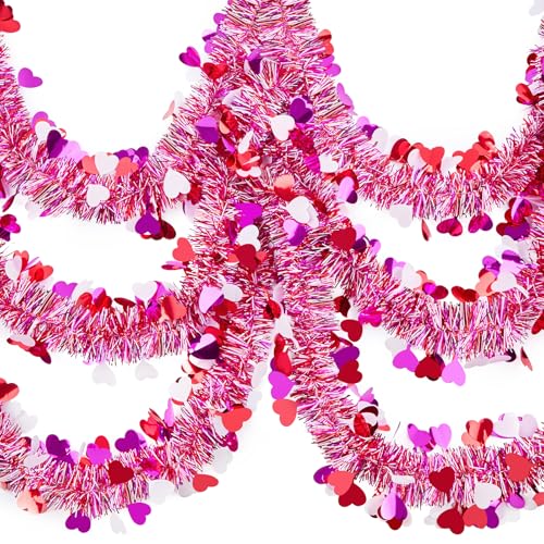 Ohuimrt 50Ft Valentines Heart Tinsel Garland Decorations, Valentines Pink Red White Metallic Twisted Garland Hanging Decor for Mantle Home Indoor Outdoor Party Supplies