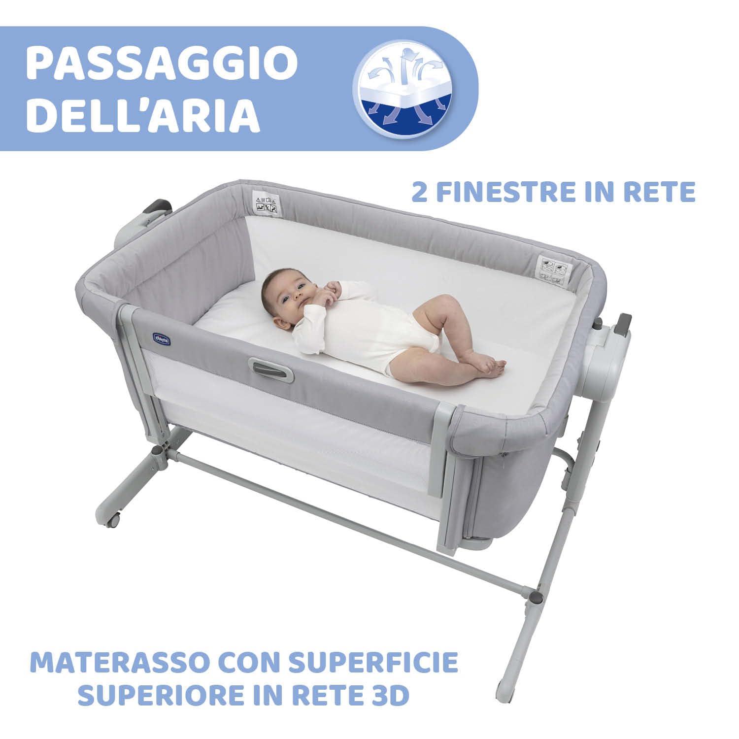 Chicco Next2Me Magic Evo, Culla Neonato Fianco Letto, con Modalità Dondolo, Spondina Apribile, 11 Livelli di Altezza, Altezza Regolabile, 4 Ruote, Materasso e Borsa da Viaggio Inclusi, Grigio chiaro