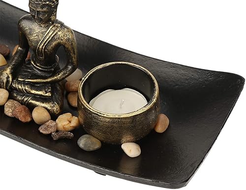 Miniatura 8 de Estatua de Buda Zen Garden Buddha Estatua de Buda de mesa, adorno de Feng Shui con vela de bronce y soporte de incienso para decoración de sala de