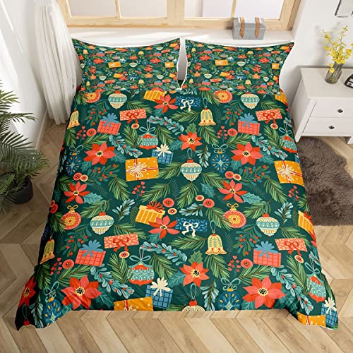 Christmas Floral Comforter Cover Poinsettia Flower Leaves Duvet Cover Red Green Christams Decorations Bedding Set Queen For Kids Teens Boys Girls,Xmas Bell Lantern Bed Sets Lodge Cabin Home Decor #TOP2