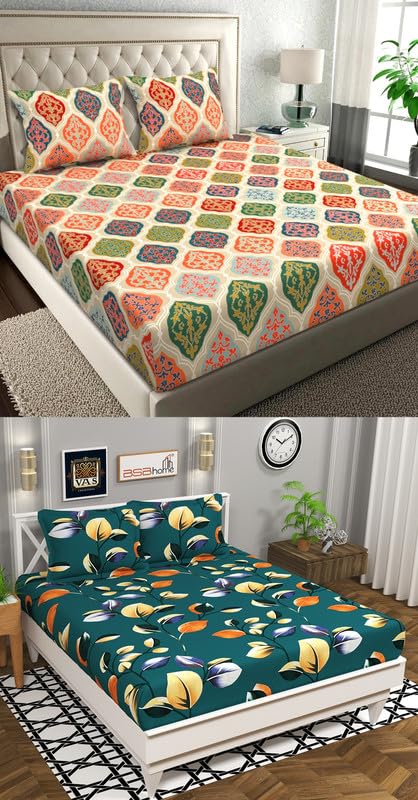 Image of HOMEKART Combo of 2 Double Bedsheet with 4 Pillow Covers - Elegant Designs, Perfect for Every Bedroom Ultra Soft, Fade-Resistant & Durable Breathable & Wrinkle Sheets 220 x 218 cm - Green & Orange