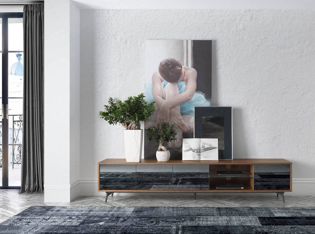 Angel Cerdá - Meuble TV Moderne Bois de Noyer et Verre Noir Soft-Closing | Verre Effet Miroir, Portes Soft-Closing, Durable et Fonctionnel, Meuble TV Salon 240 x 45 x 50 cm