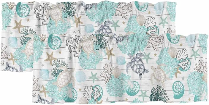 Ocean Coastal Curtain Valances for Windows, Kitchen Valance Window Treatments 2 Pack, Watercolor Sea Turtle Coral Shell Wood Grain Short Curtains for Bathroom Bedroom 42 x 12 Inch