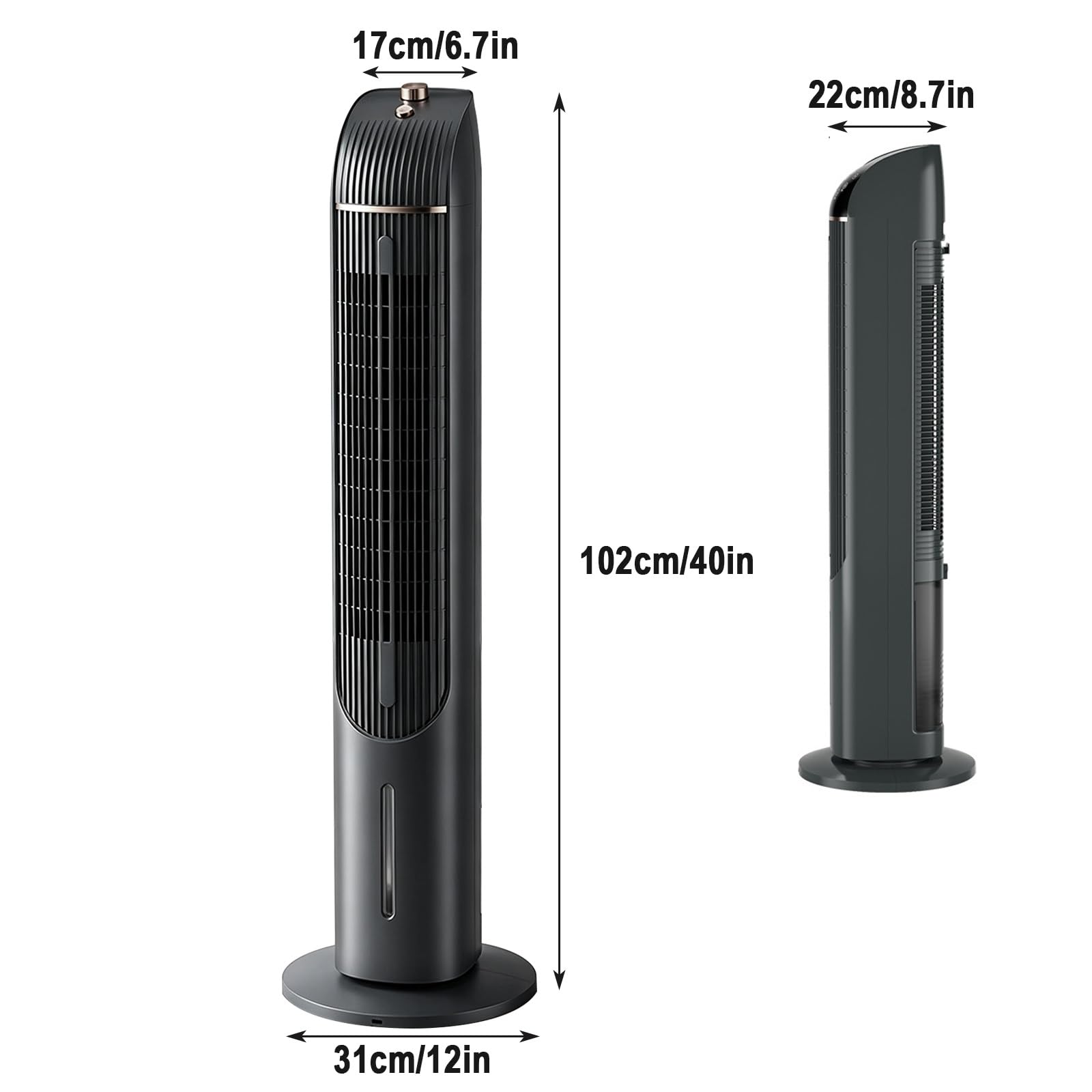 Chłodzący Cichy Wahadłowy Wentylator Wieżowy, Oscylacja 60° | Wysoki Wentylator Wieżowy 102cm, 65W, 3 Prędkości, Zbiornik na Wodę 4L, 4 Kryształy Lodu, 220V, do Sypialni