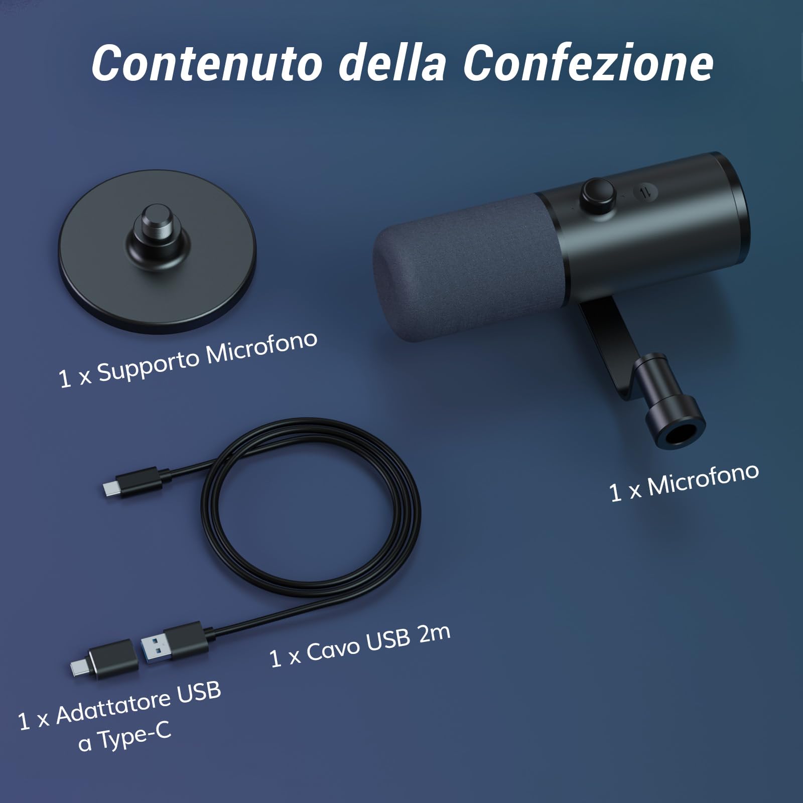 TONOR Microfono podcast dinamico per studio, microfono XLR/USB, cancellazione del rumore AI, funzione tap mute, jack per cuffie da 3,5 mm, controllo volume, micro con supporto da tavolo, nero, TD510