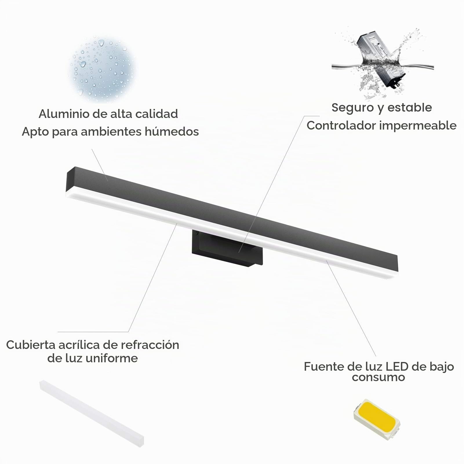 Klighten 20W 60CM Luz Baño Lámpara Espejo LED 2835SMD 6000K Luz de Maquillaje contra Niebla Impermeable Apliques para Tocador Probador Cuarto de Baño, Blanco Frío