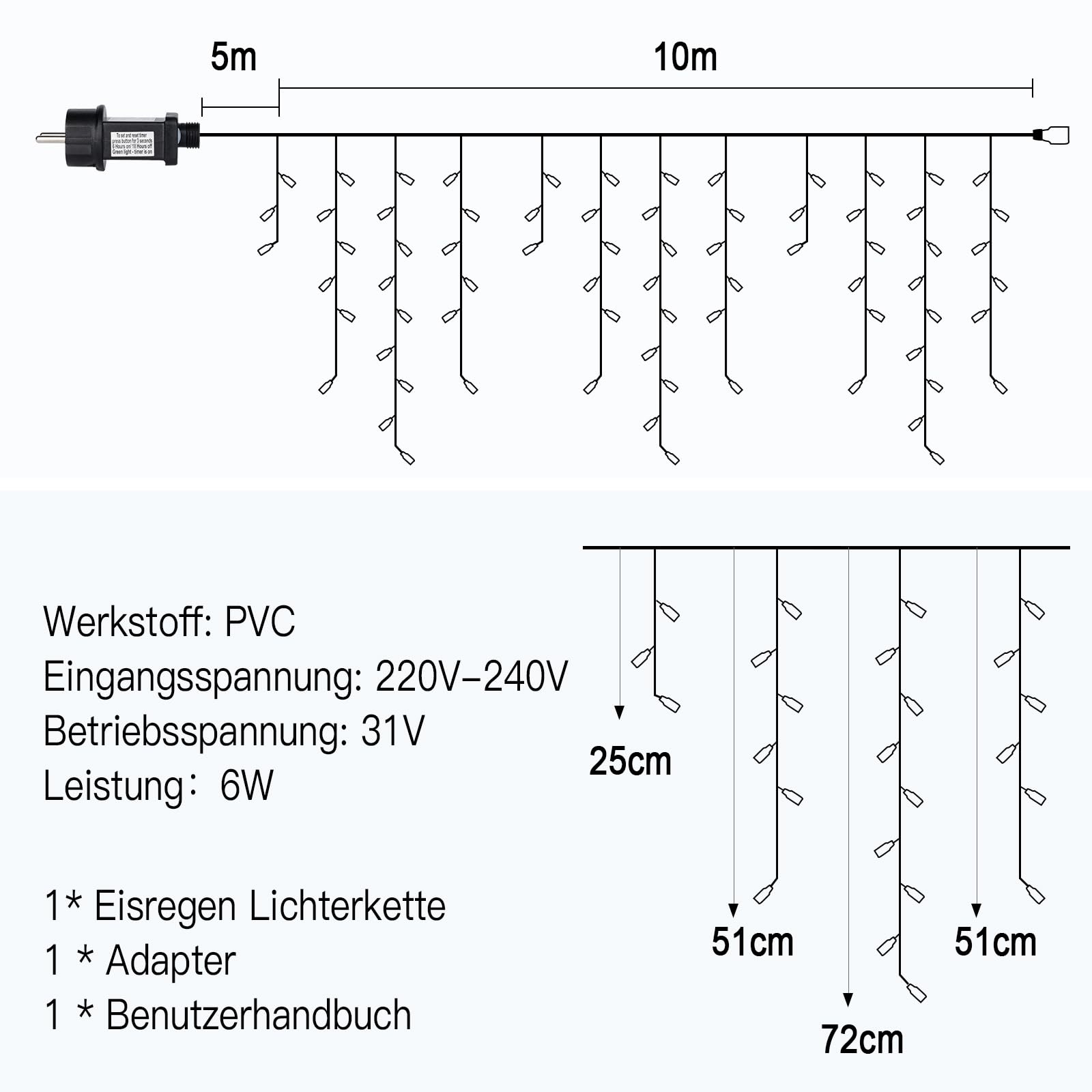 Eisregen Lichterkette Außen, 10M 408LED Weihnachtsbeleuchtung Aussen mit Fernbedienung Timer 8 Modi IP44 Wasserdicht Lichtervorhang für Balkon Haus Traufe Vorbau Geländer Warmweiß