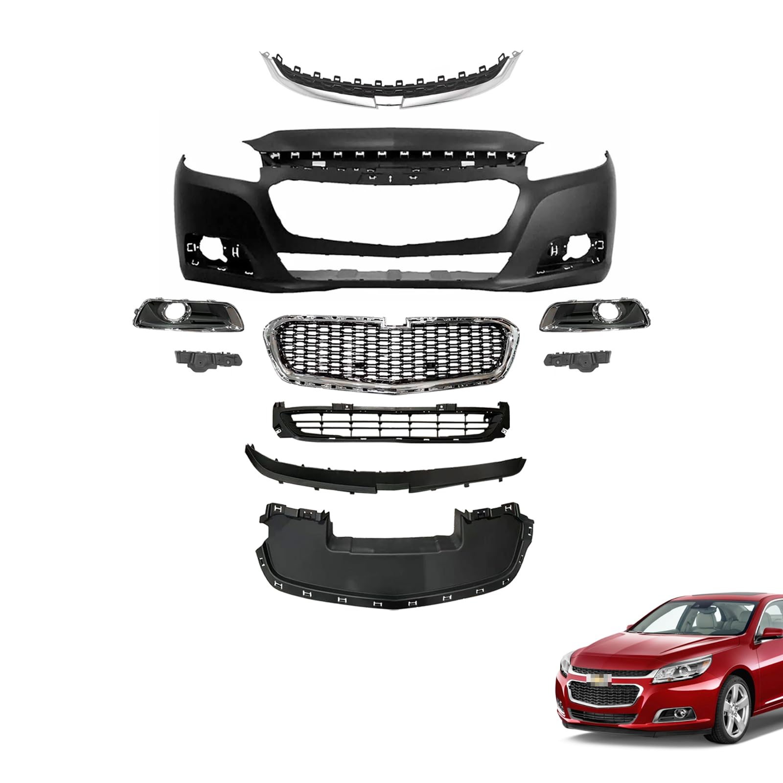 Malibu Front Bumper Cover Kit Compatible With 2014 2015 Chevy Malibu LS,LT,LTZ,Eco Sedan Front Bumper Cover Kit W/Fog Light Covers