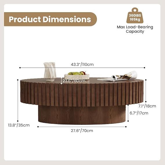 Oval Drum Coffee Table Handcrafted Fluted Coffee Table (43.3 Brown Oval)