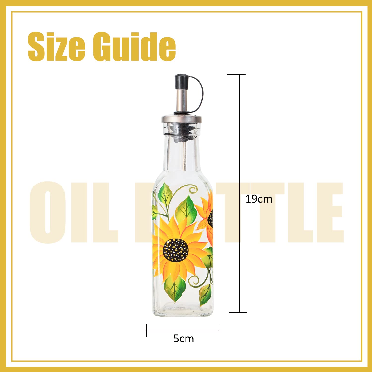 Dispensador de botellas de aceite de oliva de vidrio pintado a mano de 7 onzas, 200 ml, aceite verde y vinagre con vertedores y embudo, jarra de aceite de oliva para cocina (girasol)